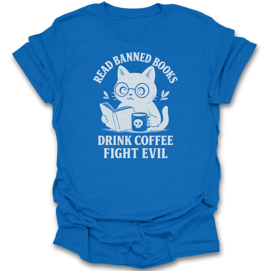 Blue t-shirt with a cat reading a book and drinking coffee graphic and text on a white background funny book reading literary t shirt