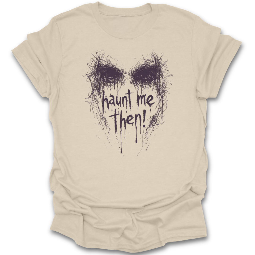 Person wearing a beige t-shirt with a Halloween-themed graphic of ghosts around a campfire. Wuthering Heights shirt, Emily Bronte shirt, gothic literature t-shirt, classic literature shirt, dark academia shirt, haunted me then shirt, book lover gothic tee, literary quote shirt, Bronte fan gift, classic book apparel