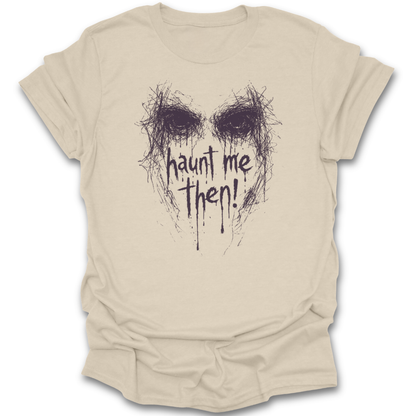 Person wearing a beige t-shirt with a Halloween-themed graphic of ghosts around a campfire. Wuthering Heights shirt, Emily Bronte shirt, gothic literature t-shirt, classic literature shirt, dark academia shirt, haunted me then shirt, book lover gothic tee, literary quote shirt, Bronte fan gift, classic book apparel