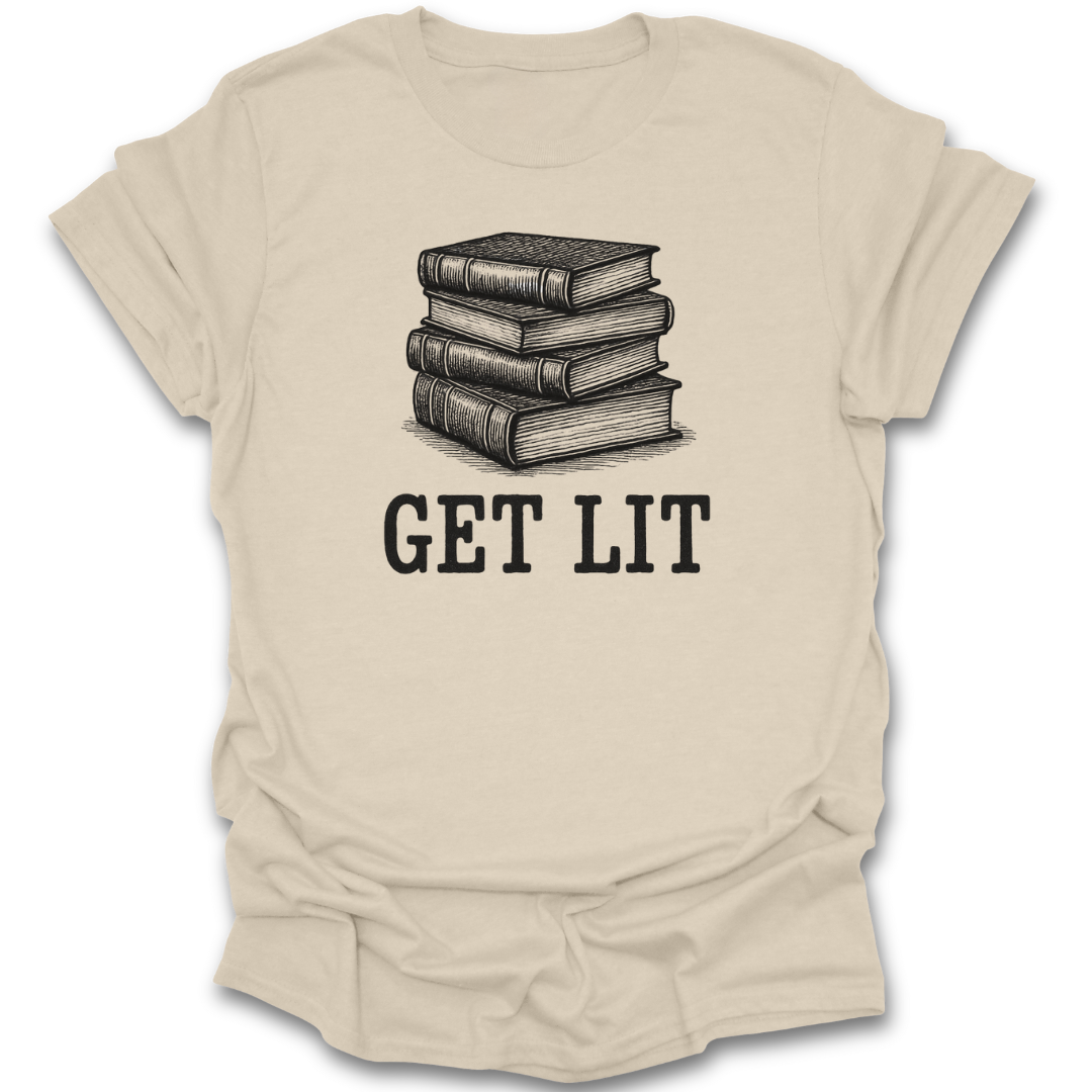 Beige t-shirt with a graphic of stacked books and 'GET Lit' text on a white background literary book reading t shirt