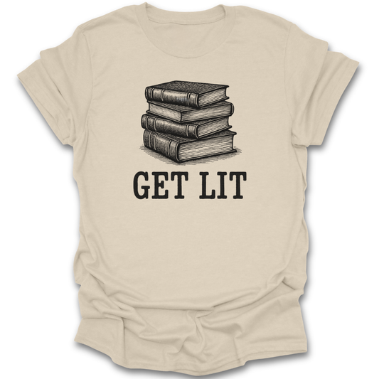 Beige t-shirt with a graphic of stacked books and 'GET Lit' text on a white background literary book reading t shirt