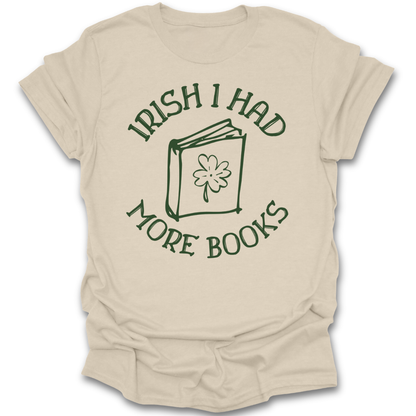 Beige t-shirt with green text and book graphic on a white background st patricks day funny book reading literary t shirt