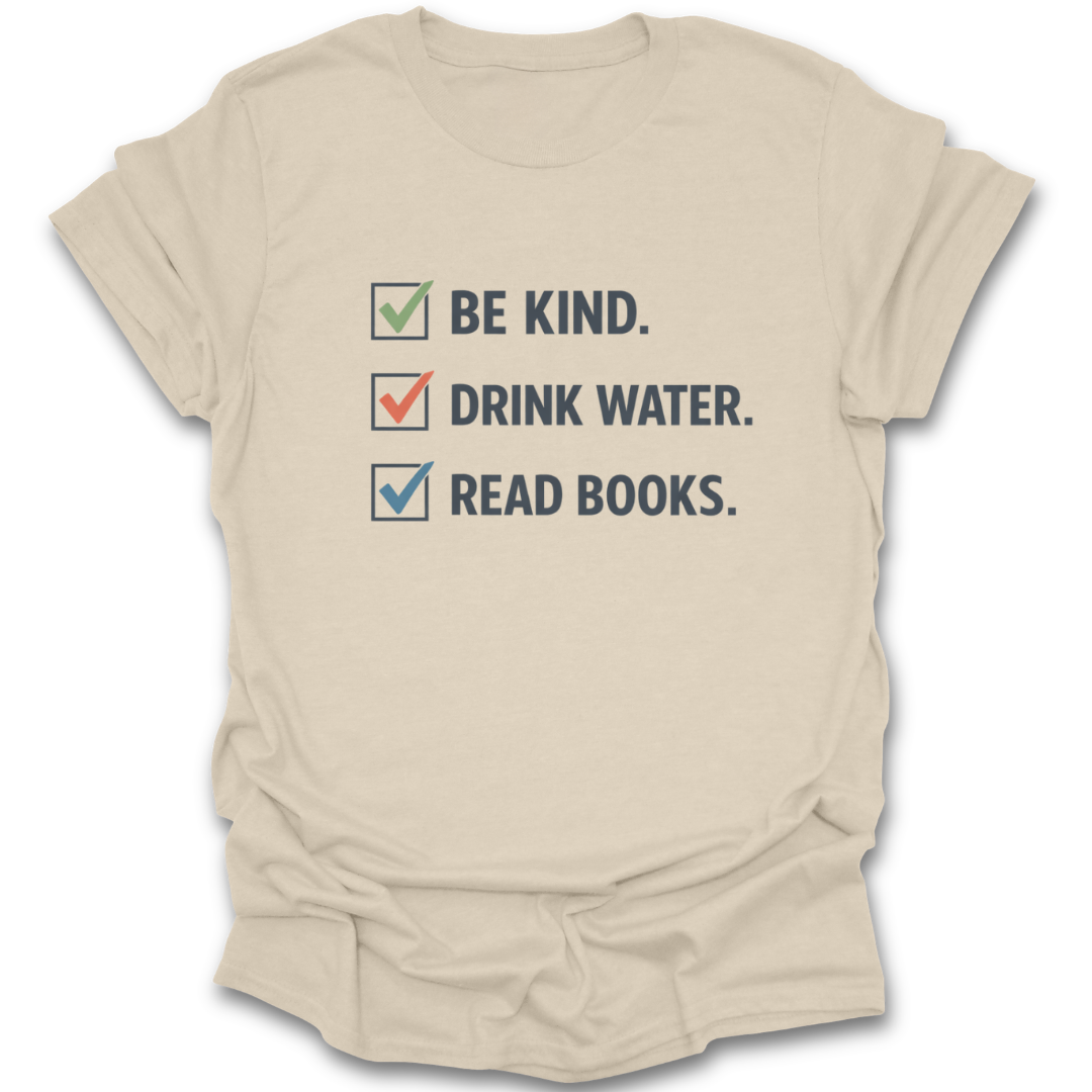 Beige t-shirt with motivational text and checkboxes on a white background funny book reading literary t shirt