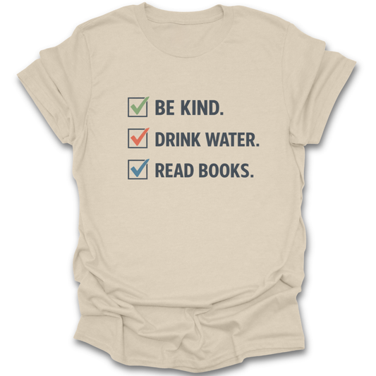Beige t-shirt with motivational text and checkboxes on a white background funny book reading literary t shirt