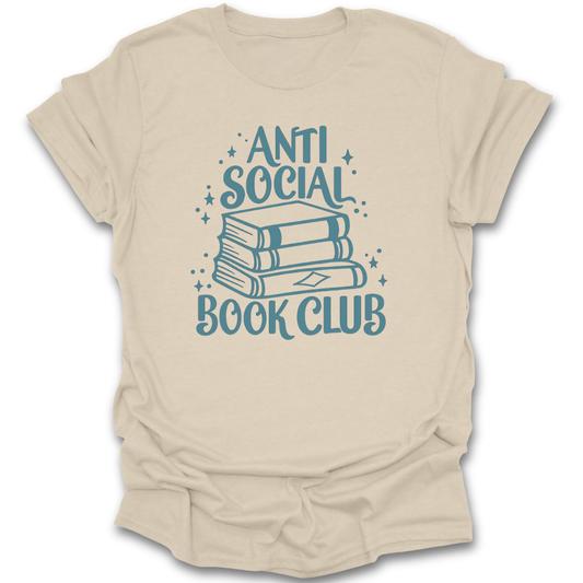 Beige t-shirt with 'Anti Social Book Club' graphic design on a white background  funny book reading literary t shirt