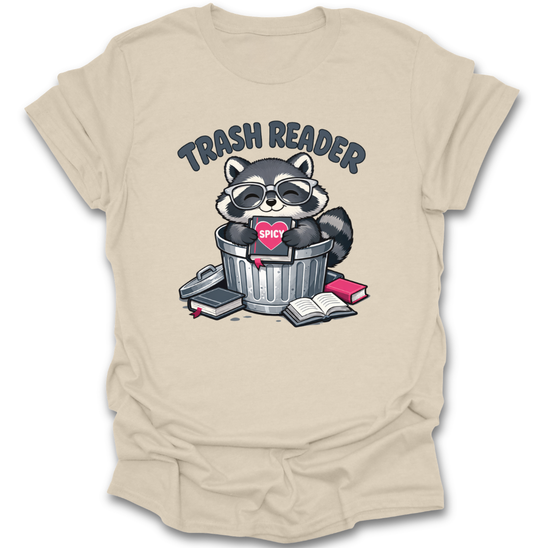 Beige t-shirt with a raccoon graphic and 'Trash Reader' text on a white background romance funny book reading literary t shirt