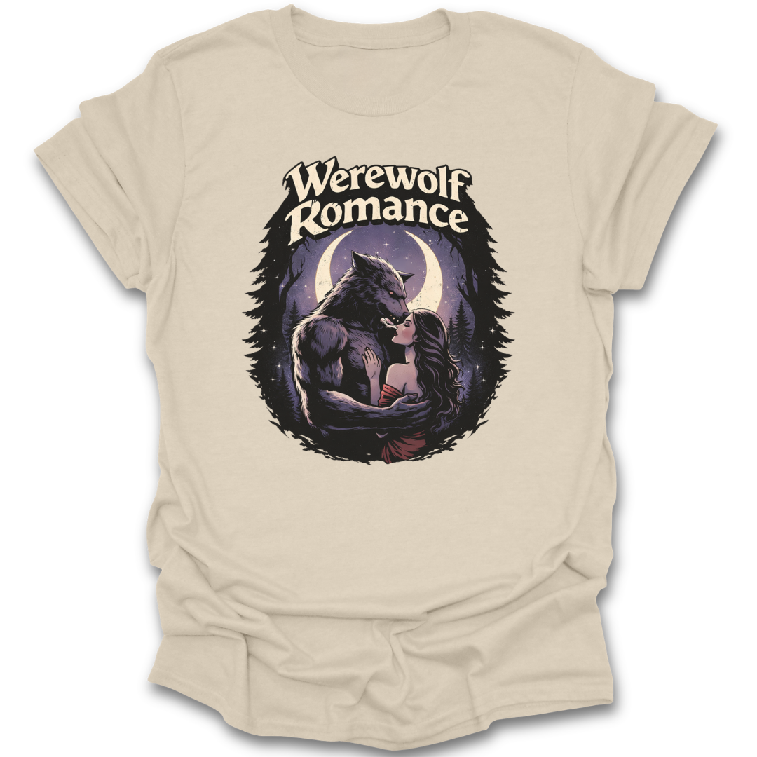 Beige t-shirt with a graphic of a werewolf and the text 'Werewolf Romance' on a white background book reading literary t shirt