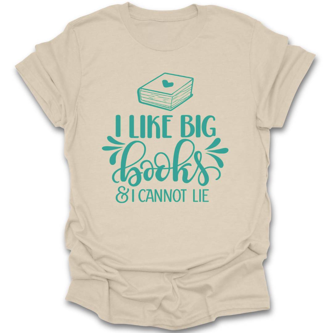 Beige t-shirt with teal text and book illustration on a white background funny book reading literary t shirt