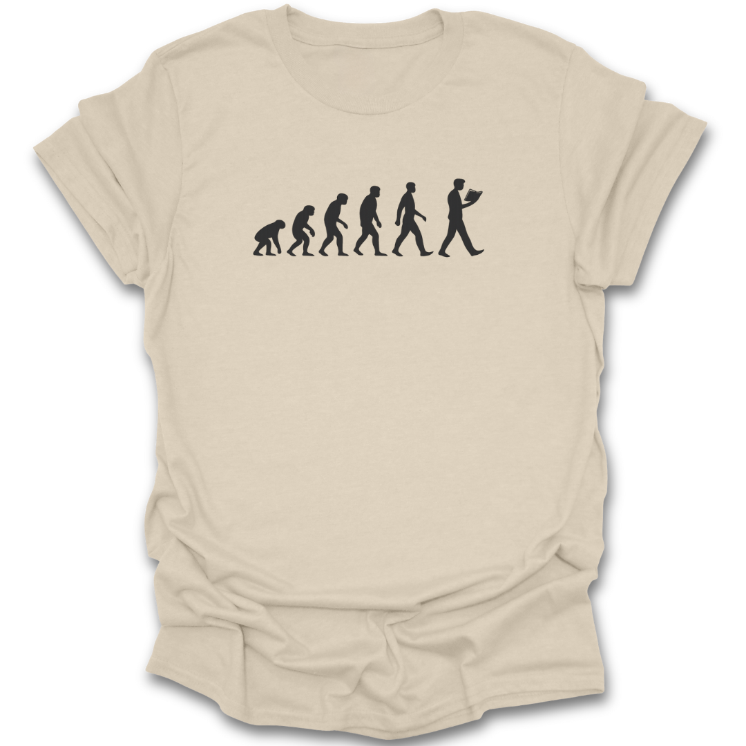Beige t-shirt with black reading evolution graphic on a white background book literary t-shirt