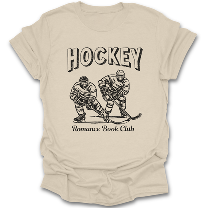 Beige t-shirt with hockey-themed graphic and text on a white background hockey romance book reading literary t shirt