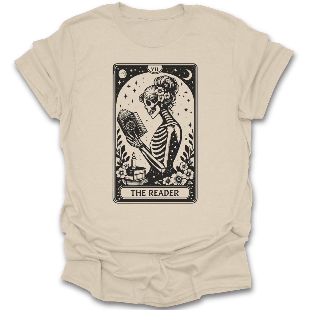 Beige t-shirt with a skeleton tarot card design on a white background funny book reading literary t shirt