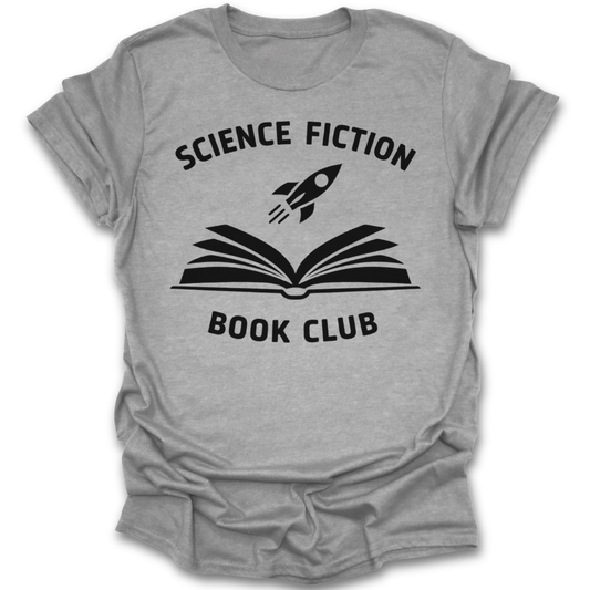 Gray t-shirt with 'Science Fiction Book Club' design featuring a book and rocket on a white background science fiction book reading literary t shirt