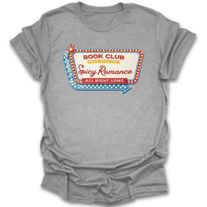 Gray t-shirt with a colorful graphic design on a white background spicy romance funny book reading literary t shirt