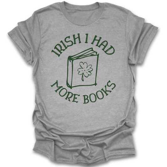 Gray t-shirt with green text and book graphic on a white background st patricks funny book reading literary t shirt