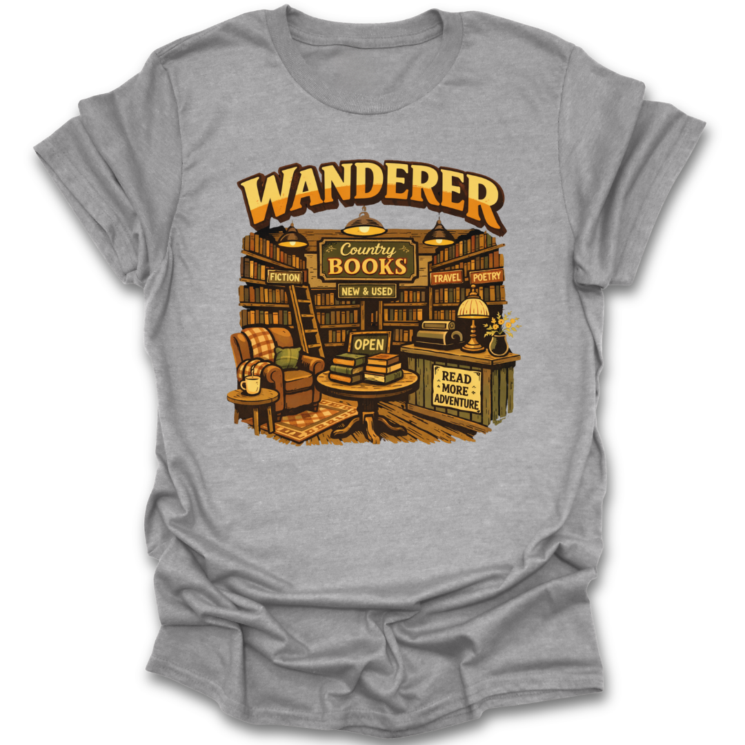 Gray t-shirt with a graphic of a bookstore and 'Wanderer Country Books' text on a white background book lover shirt, bookstore shirt, reading t-shirt, bookworm shirt, literary shirt, cozy reader tee, indie bookstore shirt, used bookstore shirt, librarian gift, book club shirt, reader gift, bookish apparel, vintage book shirt, literature lover shirt.