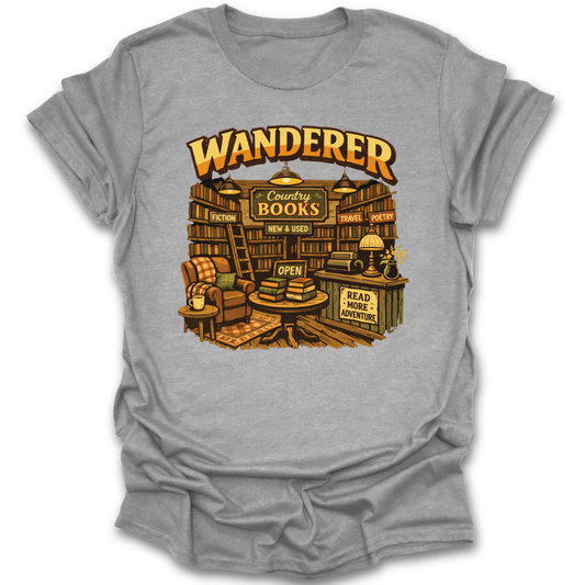 Gray t-shirt with a graphic of a bookstore and 'Wanderer Country Books' text on a white background book lover shirt, bookstore shirt, reading t-shirt, bookworm shirt, literary shirt, cozy reader tee, indie bookstore shirt, used bookstore shirt, librarian gift, book club shirt, reader gift, bookish apparel, vintage book shirt, literature lover shirt.