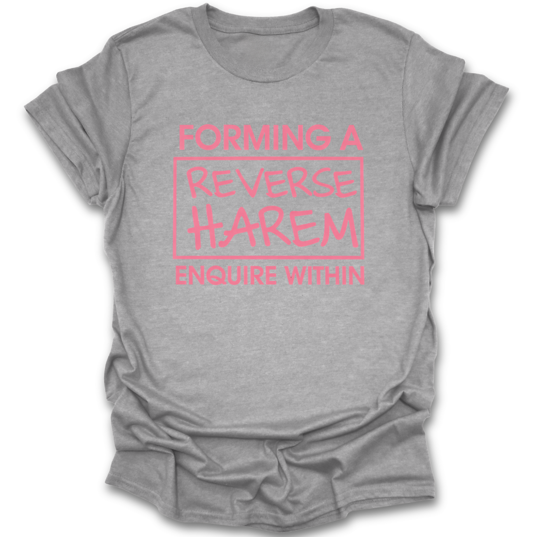 Gray t-shirt with pink text on a white background. reverse harem shirt, romance reader shirt, book lover t-shirt, spicy book shirt, romantasy shirt, funny bookish tee, booktok romance shirt, reader merch, romance book lover gift, book club shirt