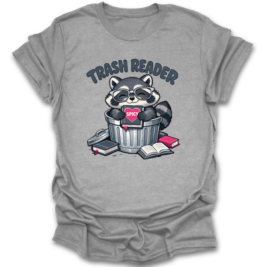 Gray t-shirt with a raccoon graphic and 'Trash Reader' text on a white background funny book reading literary t shirt romance