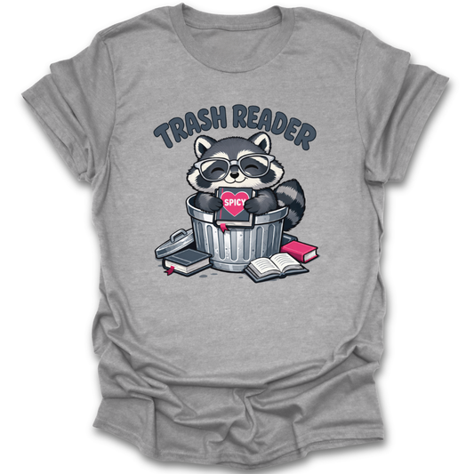 Gray t-shirt with a raccoon graphic and 'Trash Reader' text on a white background funny book reading literary t shirt romance