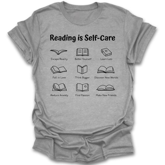 Gray t-shirt with 'Reading is Self-Care' text and book icon graphics on a white background mindfulness book reading literary t shirt