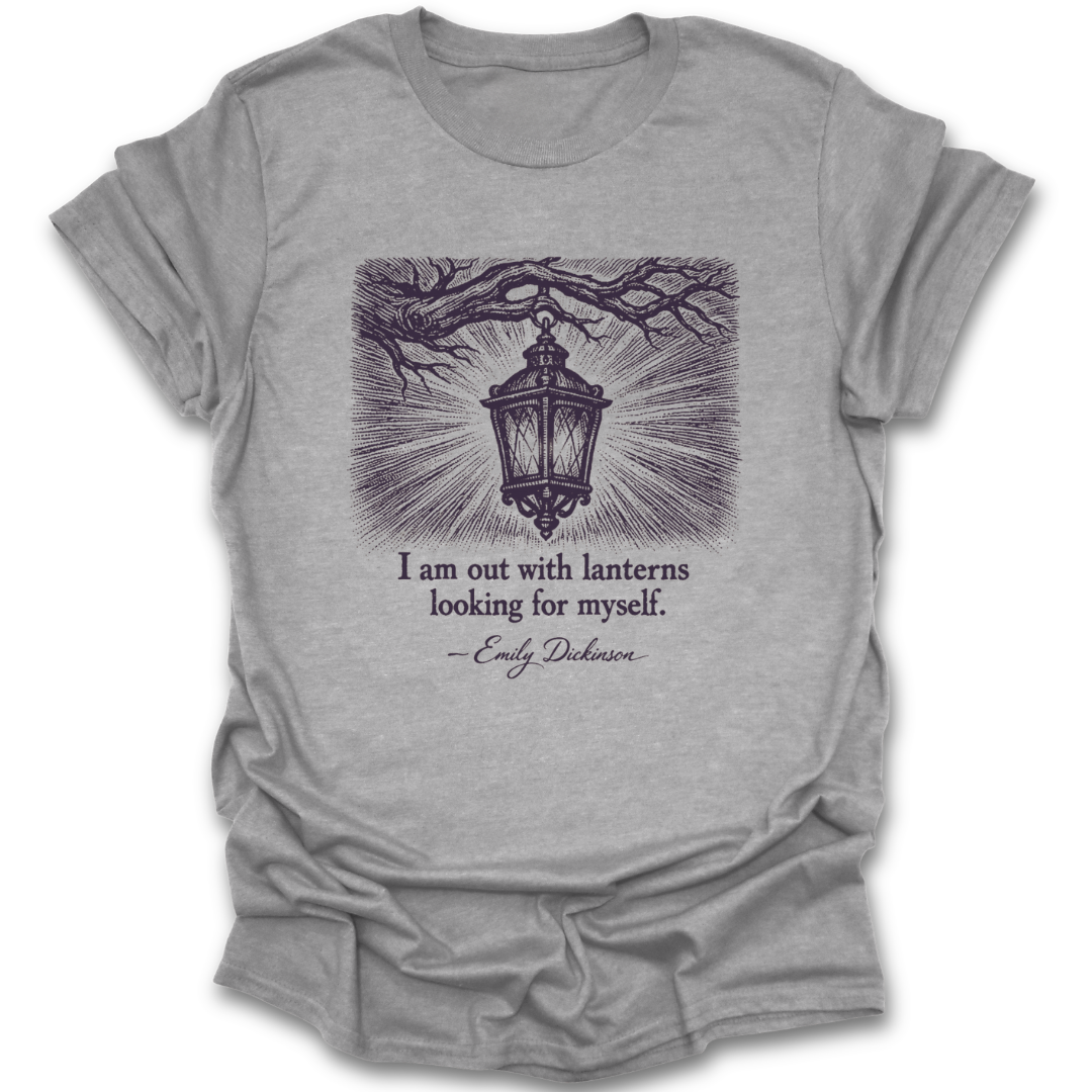 Gray t-shirt with a lantern design and text on a white background dickinson quote classic book reading literary t shirt