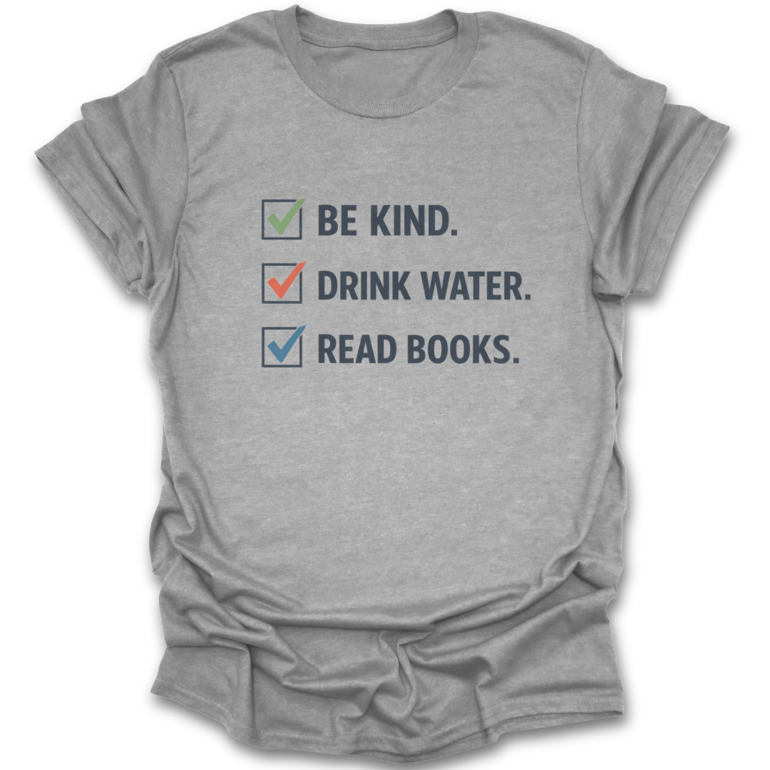 Gray t-shirt with motivational text and checkboxes on a white background funny book reading literary t shirt