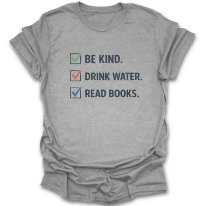 Gray t-shirt with motivational text and checkboxes on a white background funny book reading literary t shirt