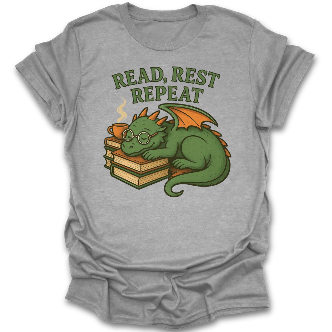 Gray t-shirt with a dragon graphic and 'Read, Rest Repeat' text on a white background fantasy book reading literary t shirt