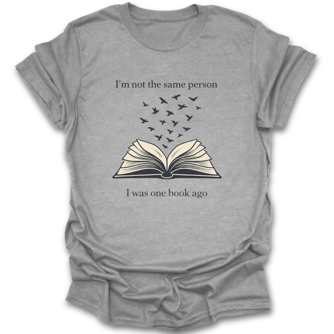 Gray t-shirt with an open book graphic and text on a white background funny book reading literary t shirt