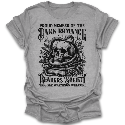 Gray t-shirt with black graphic design featuring a skull, snake, and text on a white background dark romance funny book reading literary t shirt