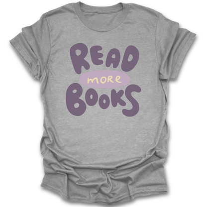 Gray t-shirt with 'Read More Books' text in purple on a white background literary t shirt