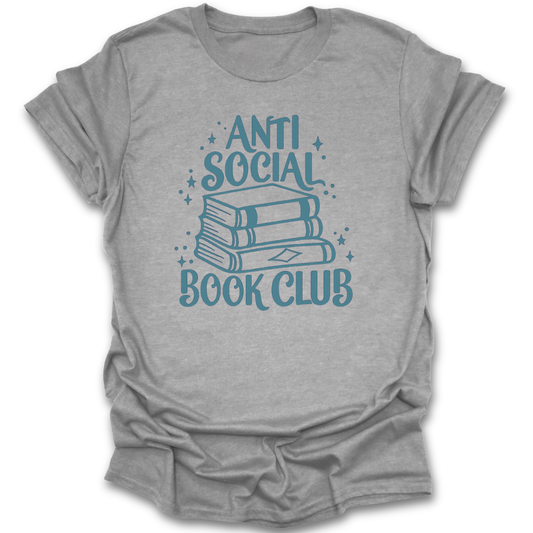 Gray t-shirt with 'Anti Social Book Club' design on a white background