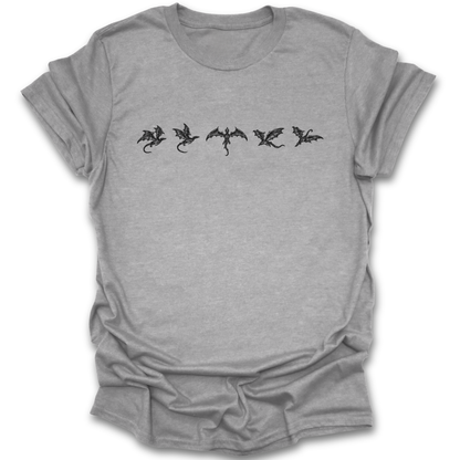 Gray t-shirt with black dragon graphic on a white background fantasy  book reading literary t shirt