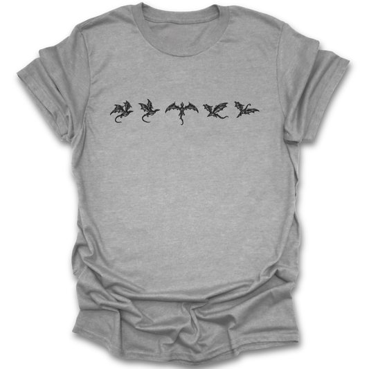 Gray t-shirt with black dragon graphic on a white background fantasy  book reading literary t shirt