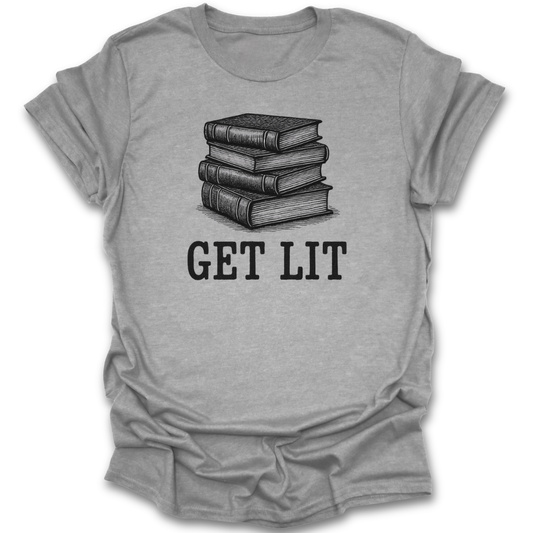 Gray t-shirt with a graphic of stacked books and 'GET LIT' text on a white background funny book reading literary t shirt