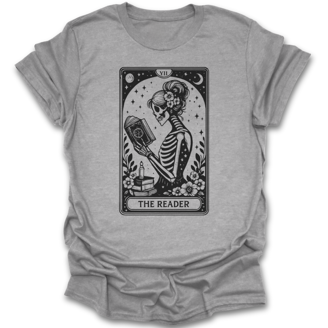 Gray t-shirt with a skeleton tarot card design on a white background funny book reading t shirt