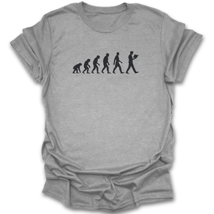 Gray t-shirt with black evolution graphic on a white background  funny book reading literary t shirt