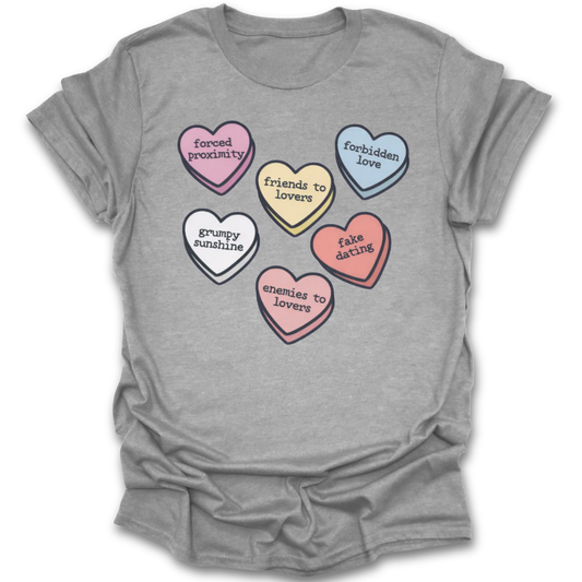 Gray t-shirt with colorful heart-shaped text design on a white background valentine romance book t shirt