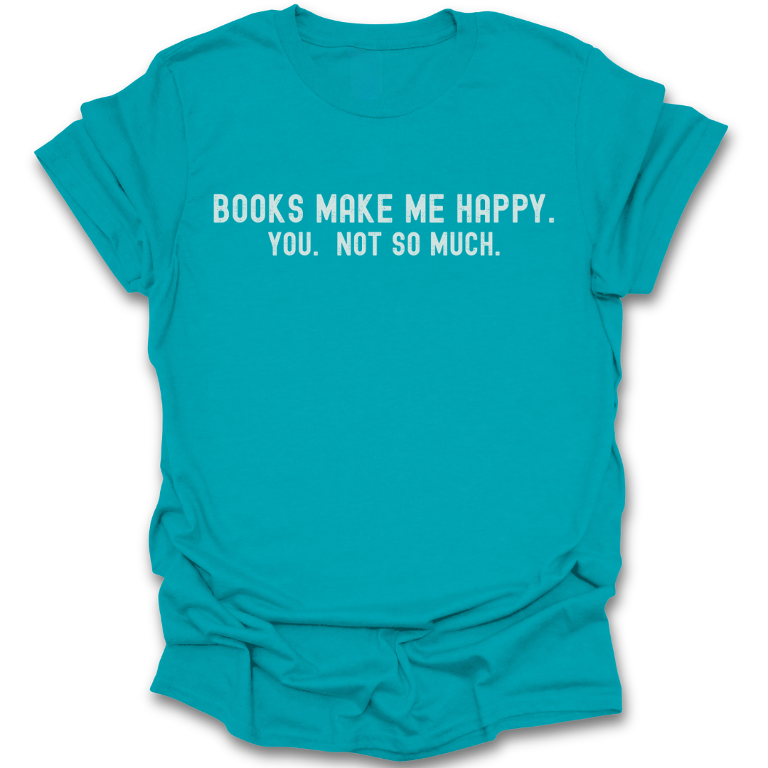Turquoise t-shirt with white text on a white background funny book reading literary t shirt