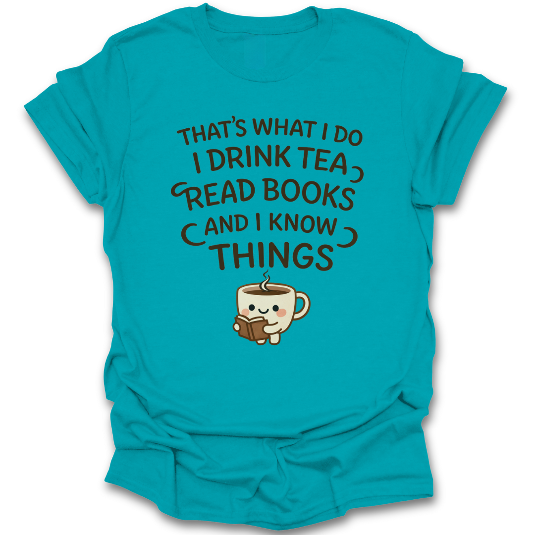 Turquoise t-shirt with a coffee cup and text design on a white background funny book reading literary t shirt