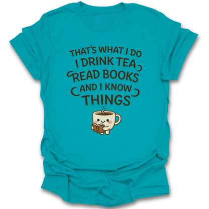 Turquoise t-shirt with a coffee cup and text design on a white background funny book reading literary t shirt