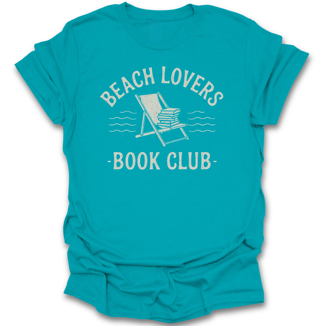 Turquoise t-shirt with 'Beach Lovers Book Club' text and graphic on a white background
