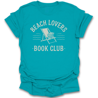 Turquoise t-shirt with 'Beach Lovers Book Club' text and graphic on a white background