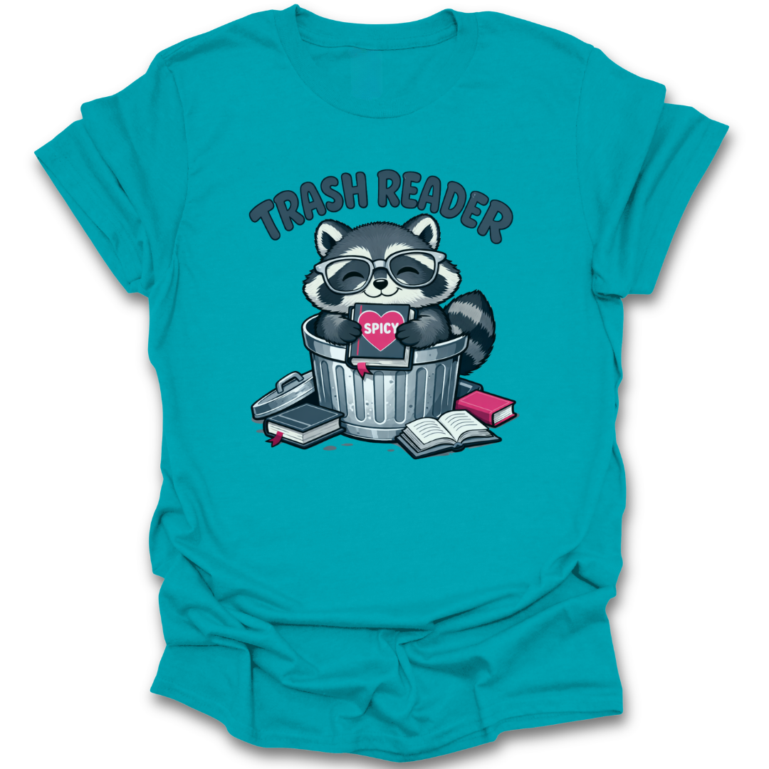 Turquoise t-shirt with a raccoon graphic and 'Trash Reader' text on a white background romance funny book reading literary t shirt