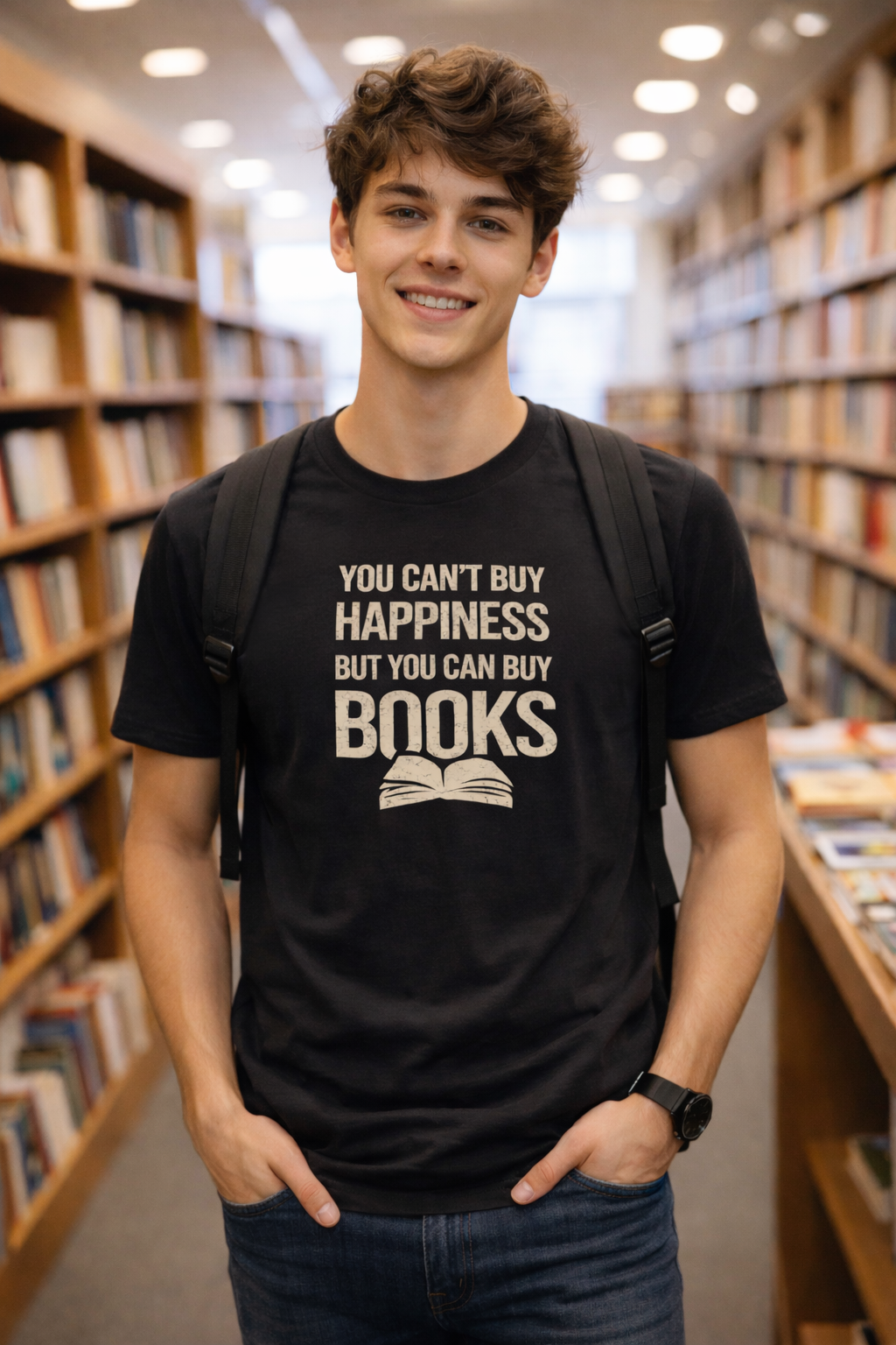 Person wearing a black t-shirt with a book-themed message in a bookstore